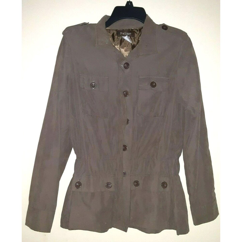 Feline Button Up Brown Elastic Waistline Jacket Women Size Medium